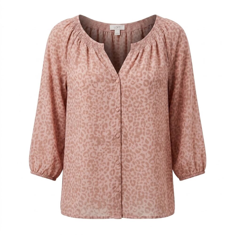 Loft Pink Leopard Animal Print V-Neck 3/4 Sleeve Blouse Women Size L